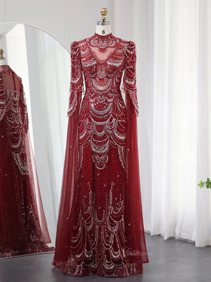 Beaded Vintage Formal Dresses Cape Sleeve Mother of Bride Dress AD1154-Evening Dresses 2025 -Viniodress-Burgundy-US 2-