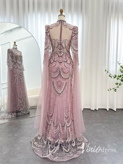 Beaded Vintage Formal Dresses Cape Sleeve Mother of Bride Dress AD1154-Evening Dresses 2025 -Viniodress-Pink-US 2-