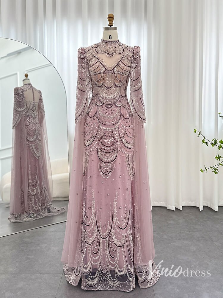 Beaded Vintage Formal Dresses Cape Sleeve Mother of Bride Dress AD1154-Evening Dresses 2025 -Viniodress-Pink-US 2-