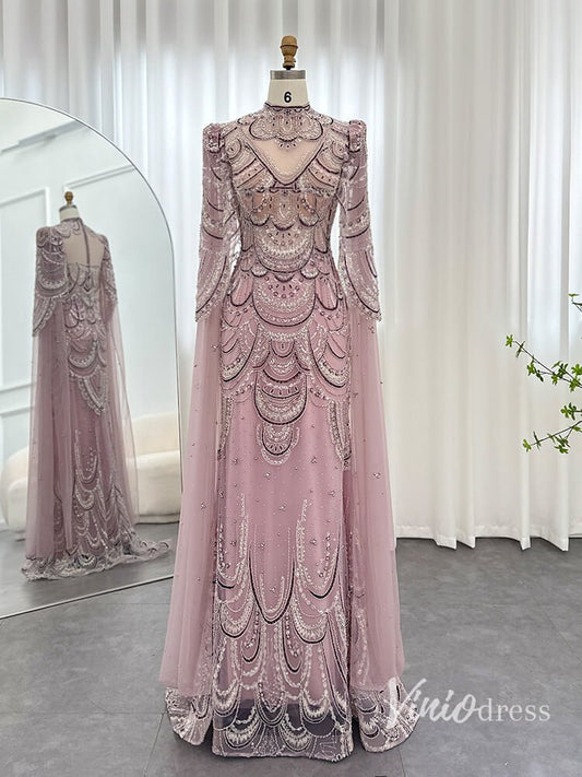 Beaded Vintage Formal Dresses Cape Sleeve Mother of Bride Dress AD1154-Evening Dresses 2025 -Viniodress-Pink-US 2-