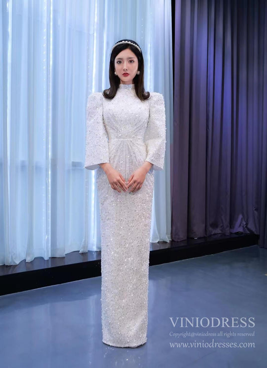 Beaded Vintage High Neck Sheath Wedding Dresses with Long Sleeves 67335-wedding dresses 2025 -Viniodress-As Picture-Custom Size-