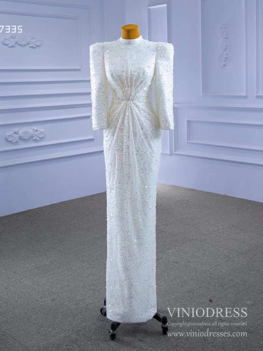 Beaded Vintage High Neck Sheath Wedding Dresses with Long Sleeves 67335-wedding dresses 2025 -Viniodress-As Picture-Custom Size-
