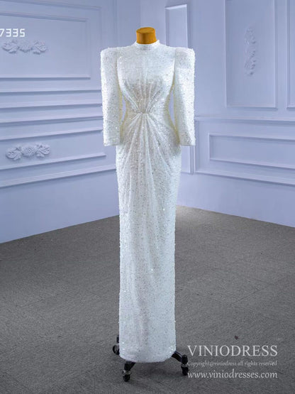 Beaded Vintage High Neck Sheath Wedding Dresses with Long Sleeves 67335-wedding dresses 2025 -Viniodress-As Picture-Custom Size-