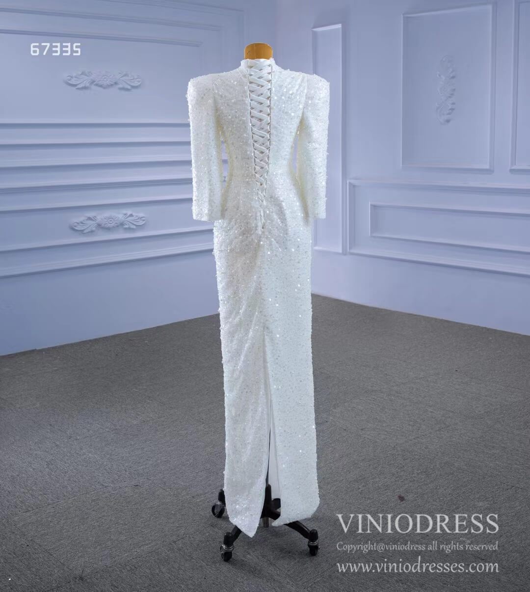 Beaded Vintage High Neck Sheath Wedding Dresses with Long Sleeves 67335-wedding dresses 2025 -Viniodress-As Picture-Custom Size-