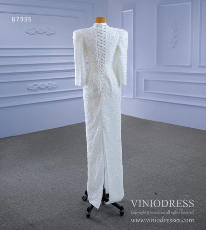 Beaded Vintage High Neck Sheath Wedding Dresses with Long Sleeves 67335-wedding dresses 2025 -Viniodress-As Picture-Custom Size-
