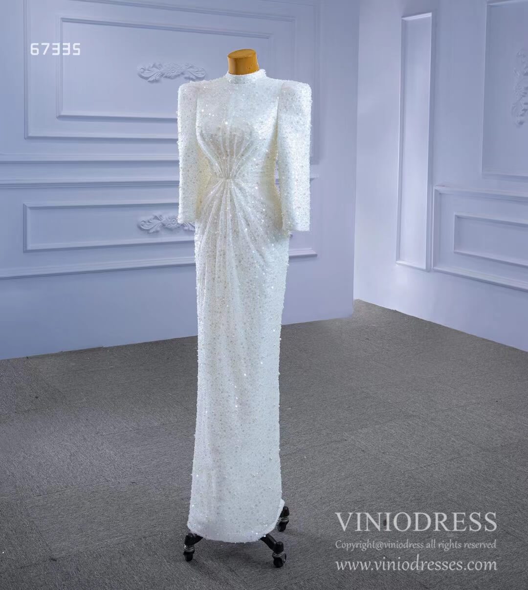 Beaded Vintage High Neck Sheath Wedding Dresses with Long Sleeves 67335-wedding dresses 2025 -Viniodress-As Picture-Custom Size-