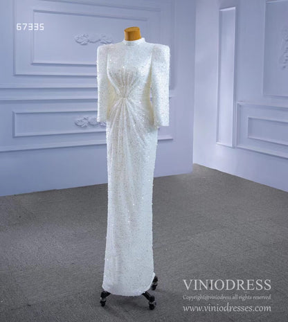 Beaded Vintage High Neck Sheath Wedding Dresses with Long Sleeves 67335-wedding dresses 2025 -Viniodress-As Picture-Custom Size-
