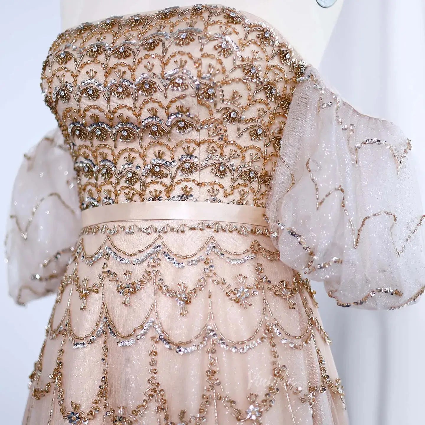 Beaded Vintage Prom Dresses Off the Shoulder A-line Formal Dresses BD009-Evening Dresses 2025 -Viniodress-Champagne-US 2-