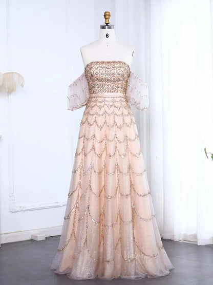 Beaded Vintage Prom Dresses Off the Shoulder A-line Formal Dresses BD009-Evening Dresses 2025 -Viniodress-Champagne-US 2-
