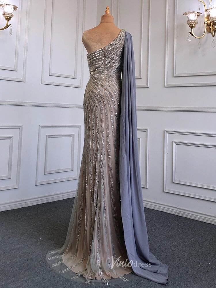 Beaded Watteau Train Evening Dresses with Slit One Shoulder Prom Dress 20050-Evening Dresses 2025 -Viniodress-As Picture-US 2-
