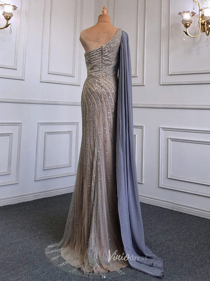 Beaded Watteau Train Evening Dresses with Slit One Shoulder Prom Dress 20050-Evening Dresses 2025 -Viniodress-As Picture-US 2-