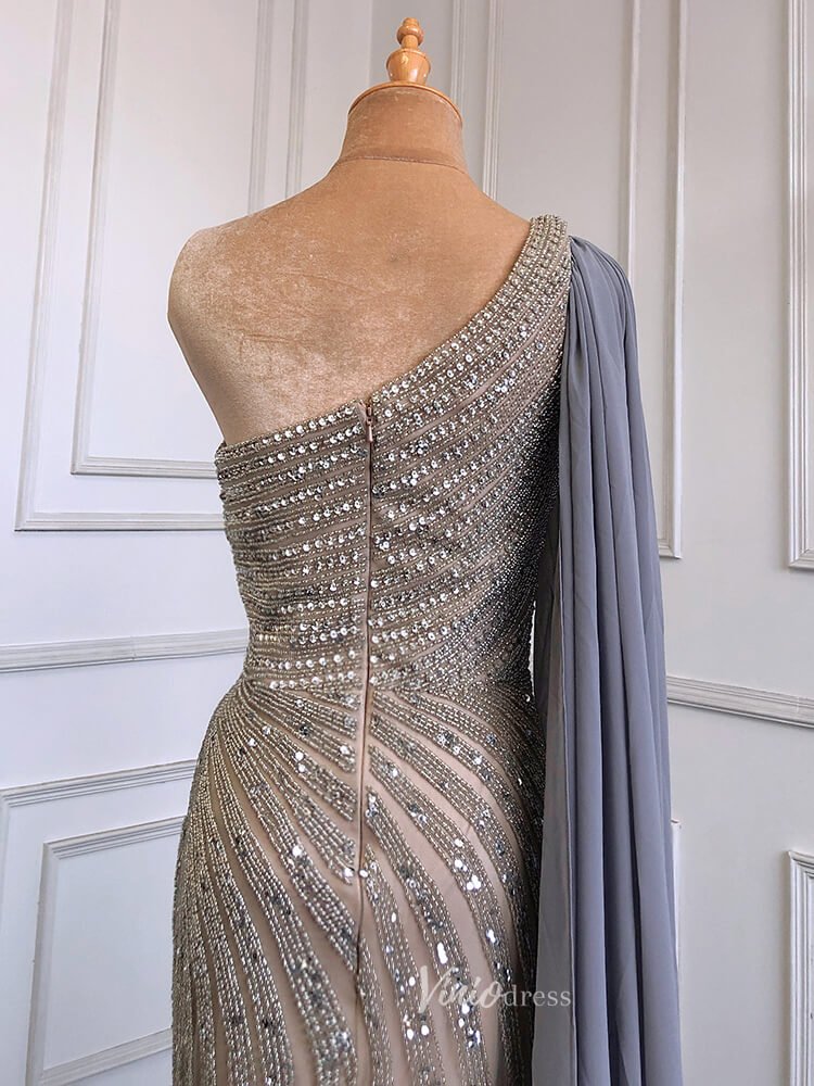 Beaded Watteau Train Evening Dresses with Slit One Shoulder Prom Dress 20050-Evening Dresses 2025 -Viniodress-As Picture-US 2-
