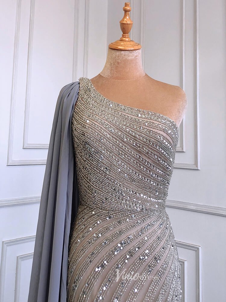 Beaded Watteau Train Evening Dresses with Slit One Shoulder Prom Dress 20050-Evening Dresses 2025 -Viniodress-As Picture-US 2-