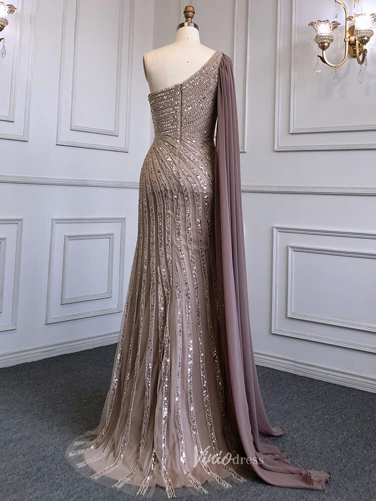Beaded Watteau Train Evening Dresses with Slit One Shoulder Prom Dress 20050-Evening Dresses 2025 -Viniodress-As Picture-US 2-