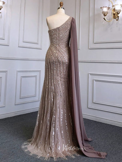 Beaded Watteau Train Evening Dresses with Slit One Shoulder Prom Dress 20050-Evening Dresses 2025 -Viniodress-As Picture-US 2-