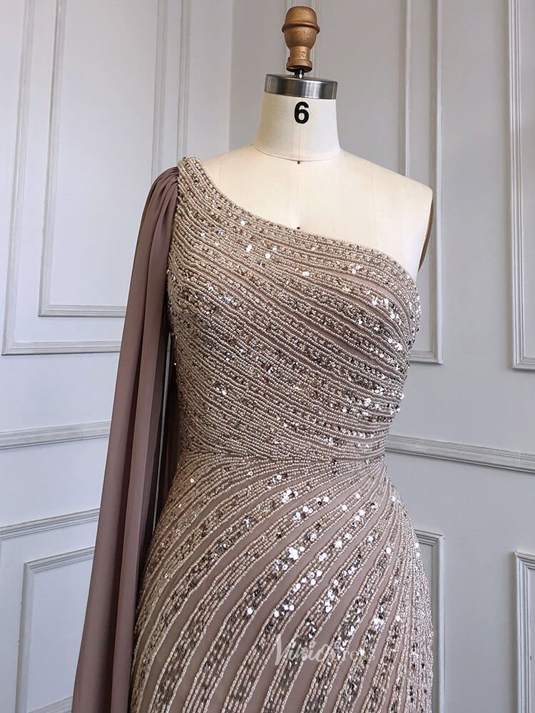 Beaded Watteau Train Evening Dresses with Slit One Shoulder Prom Dress 20050-Evening Dresses 2025 -Viniodress-As Picture-US 2-
