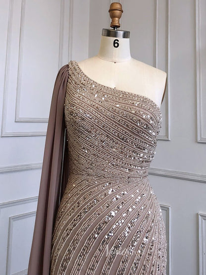 Beaded Watteau Train Evening Dresses with Slit One Shoulder Prom Dress 20050-Evening Dresses 2025 -Viniodress-As Picture-US 2-