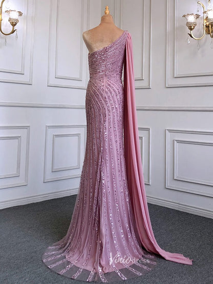 Beaded Watteau Train Evening Dresses with Slit One Shoulder Prom Dress 20050-Evening Dresses 2025 -Viniodress-As Picture-US 2-