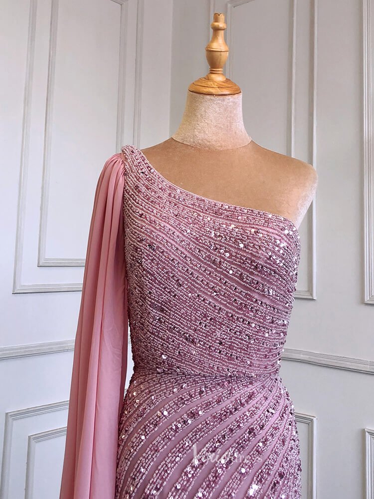 Beaded Watteau Train Evening Dresses with Slit One Shoulder Prom Dress 20050-Evening Dresses 2025 -Viniodress-As Picture-US 2-