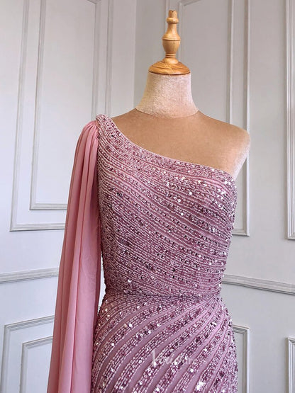 Beaded Watteau Train Evening Dresses with Slit One Shoulder Prom Dress 20050-Evening Dresses 2025 -Viniodress-As Picture-US 2-