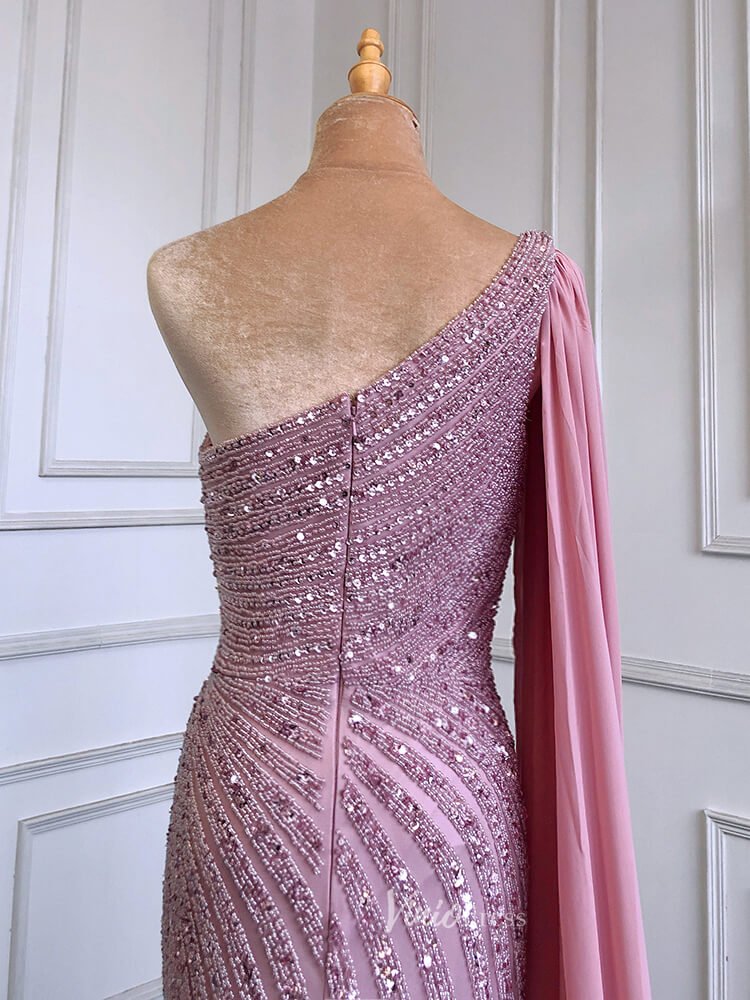 Beaded Watteau Train Evening Dresses with Slit One Shoulder Prom Dress 20050-Evening Dresses 2025 -Viniodress-As Picture-US 2-