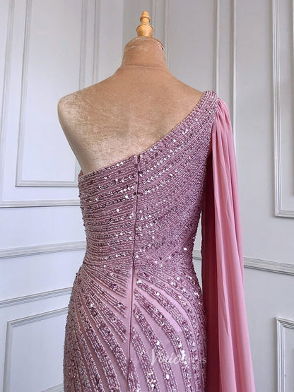 Beaded Watteau Train Evening Dresses with Slit One Shoulder Prom Dress 20050-Evening Dresses 2025 -Viniodress-As Picture-US 2-