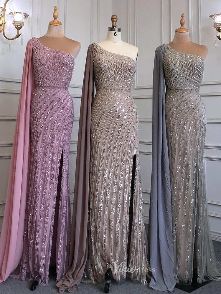 Beaded Watteau Train Evening Dresses with Slit One Shoulder Prom Dress 20050-Evening Dresses 2025 -Viniodress-As Picture-US 2-