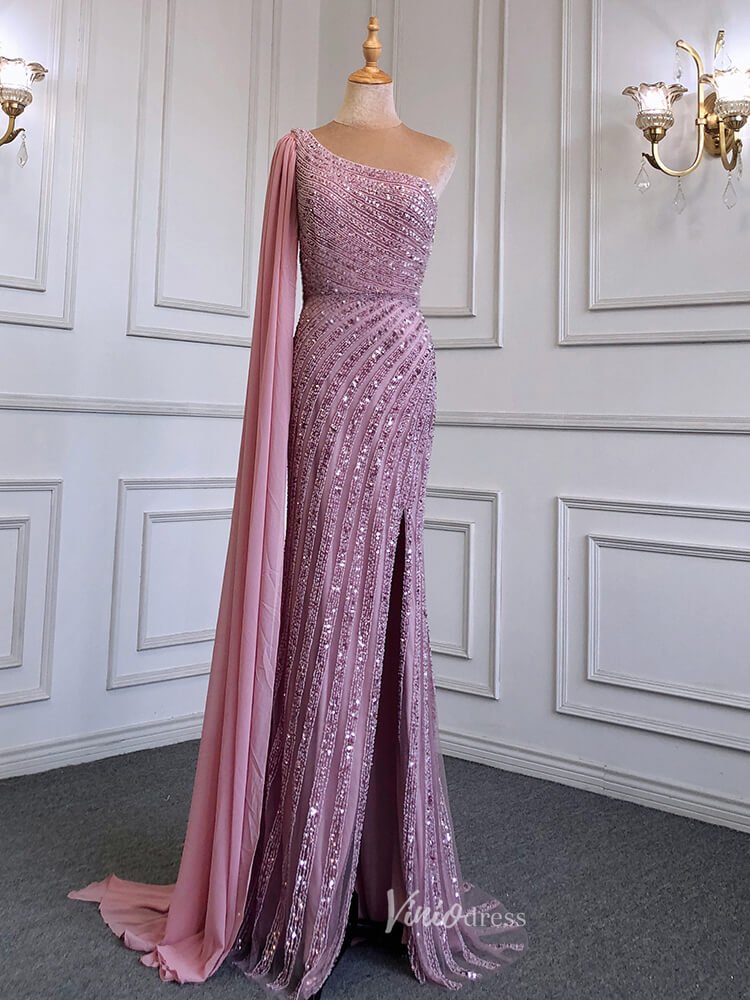Beaded Watteau Train Evening Dresses with Slit One Shoulder Prom Dress 20050-Evening Dresses 2025 -Viniodress-Pink-US 2-