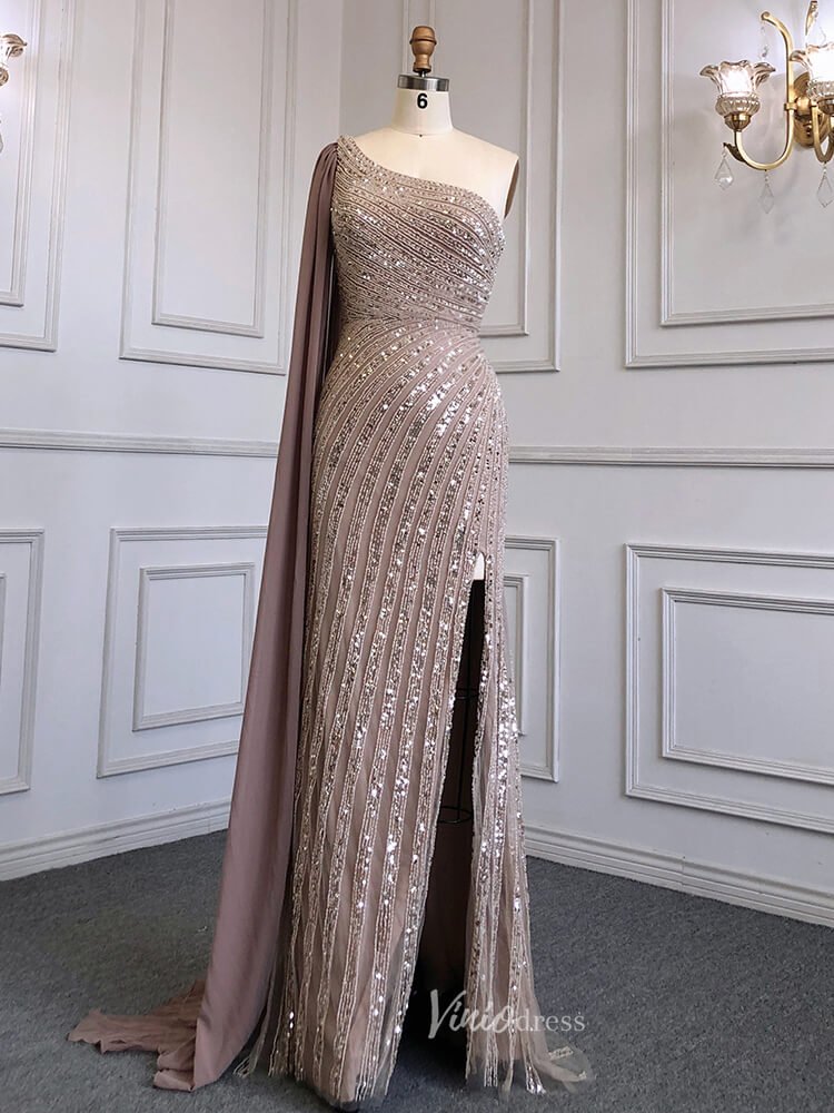 Beaded Watteau Train Evening Dresses with Slit One Shoulder Prom Dress 20050-Evening Dresses 2025 -Viniodress-Taupe-US 2-