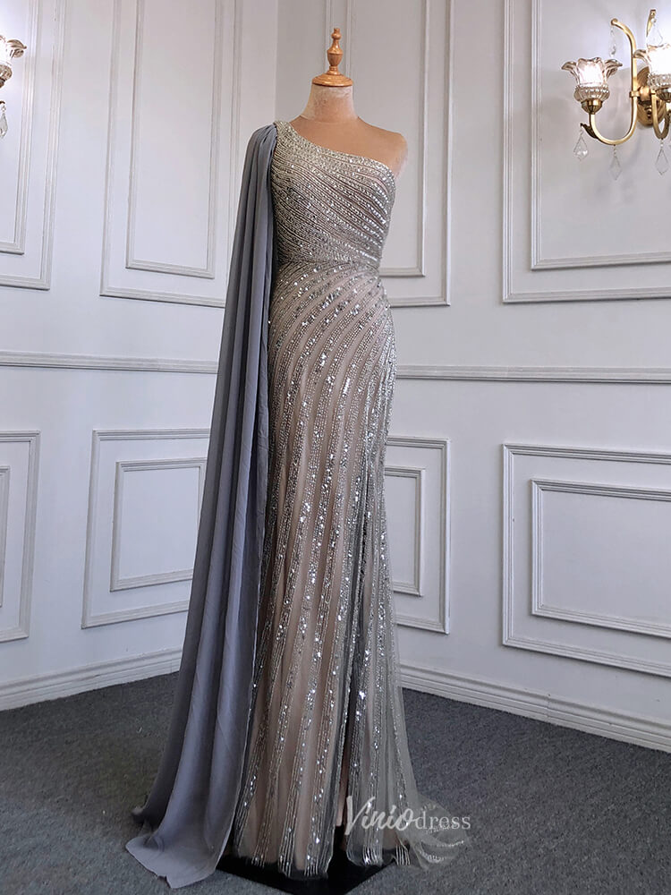 Prom Dress 2025 Beaded Watteau Train Evening Dresses with Slit One Shoulder Prom Dress 20050-unique prom dresses-Grey-US 2-Viniodress