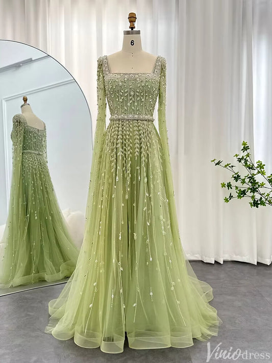 Beaded Wedding Guest Dress Extra Long Sleeve Square Neck Evening Gown FD1426-Evening Dresses 2025 -Viniodress-Light Green-US 2-