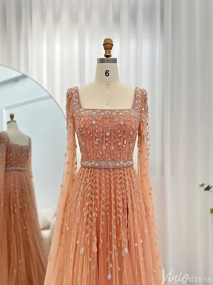 Beaded Wedding Guest Dress Extra Long Sleeve Square Neck Evening Gown FD1426-Evening Dresses 2025 -Viniodress-Peach-US 2-