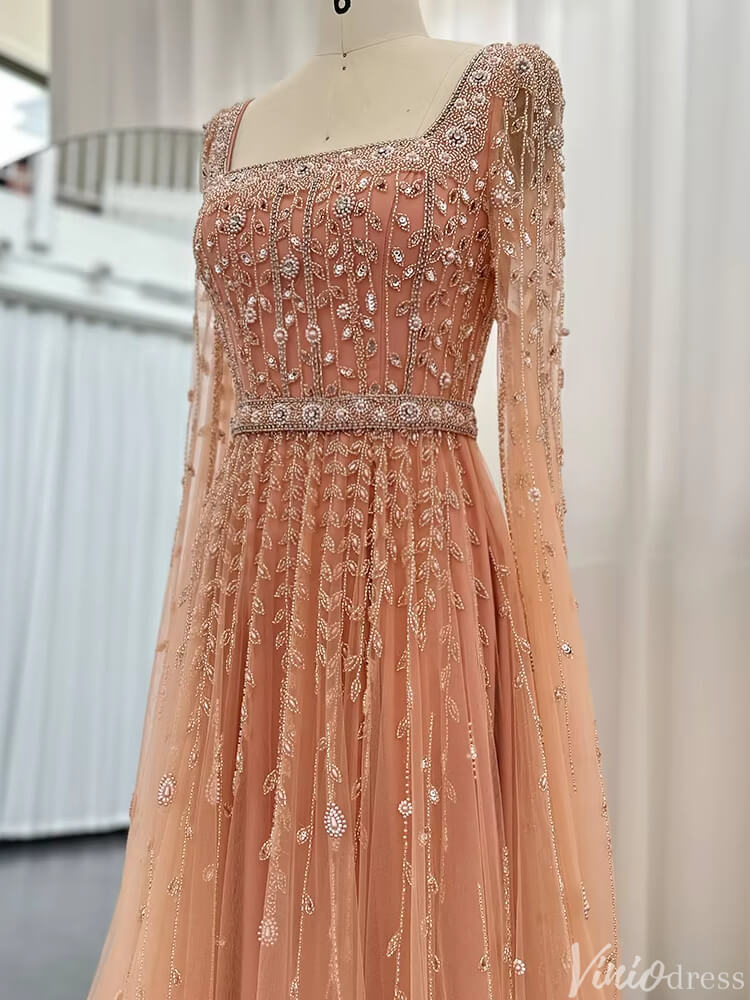 Beaded Wedding Guest Dress Extra Long Sleeve Square Neck Evening Gown FD1426-Evening Dresses 2025 -Viniodress-Peach-US 2-