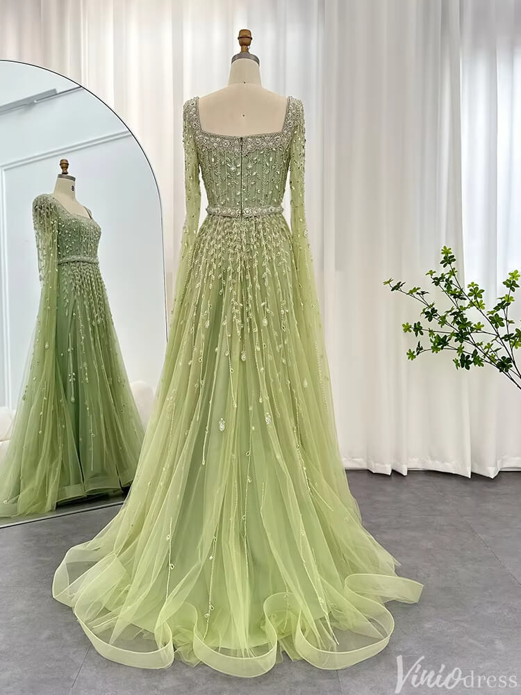 Beaded Wedding Guest Dress Extra Long Sleeve Square Neck Evening Gown FD1426-Evening Dresses 2025 -Viniodress-Peach-US 2-