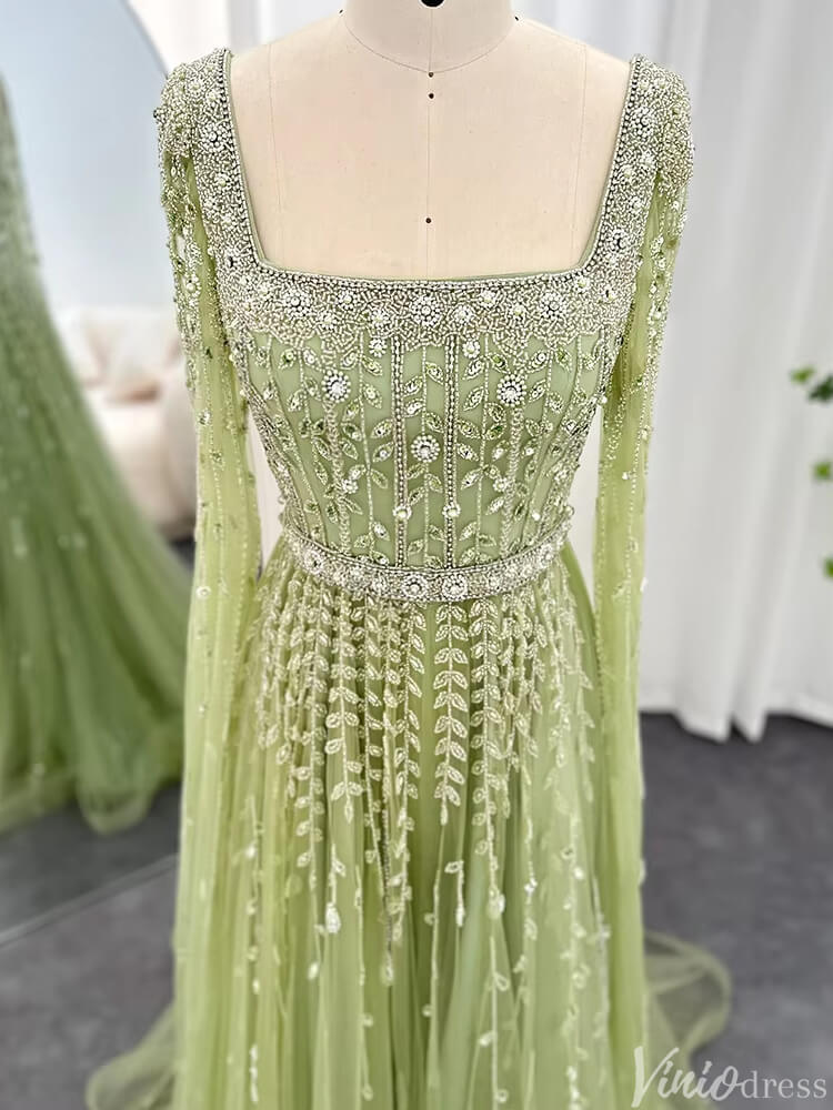 Beaded Wedding Guest Dress Extra Long Sleeve Square Neck Evening Gown FD1426-Evening Dresses 2025 -Viniodress-Peach-US 2-