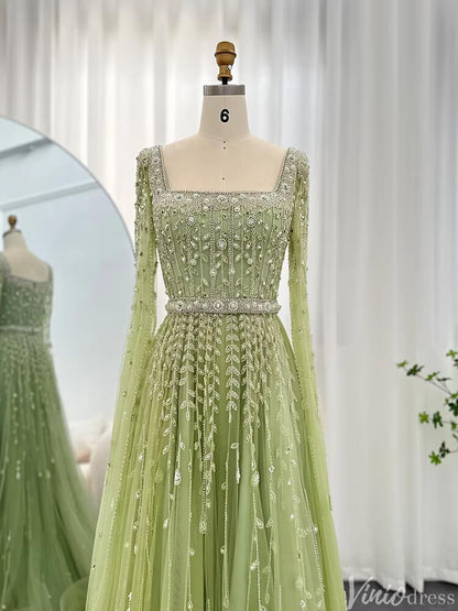 Beaded Wedding Guest Dress Extra Long Sleeve Square Neck Evening Gown FD1426-Evening Dresses 2025 -Viniodress-Peach-US 2-