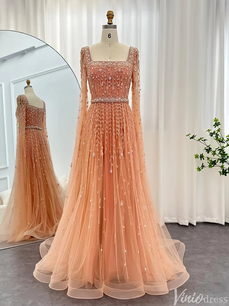 Beaded Wedding Guest Dress Extra Long Sleeve Square Neck Evening Gown FD1426-Evening Dresses 2025 -Viniodress-Peach-US 2-