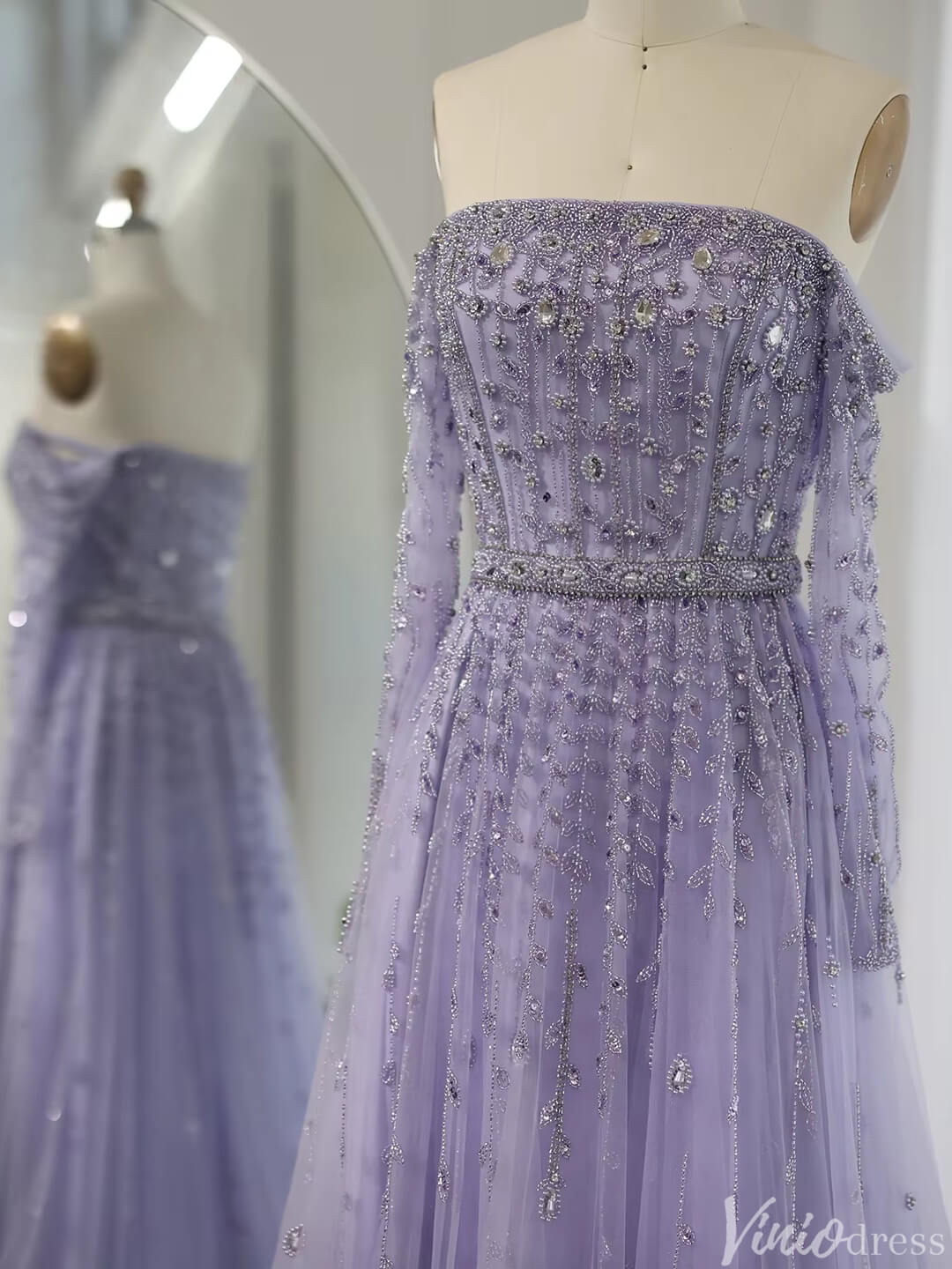 Beaded Wedding Guest Dresses Off the Shoulder Long Sleeve Prom Dress FD1432-Evening Dresses 2025 -Viniodress-Champagne-US 2-