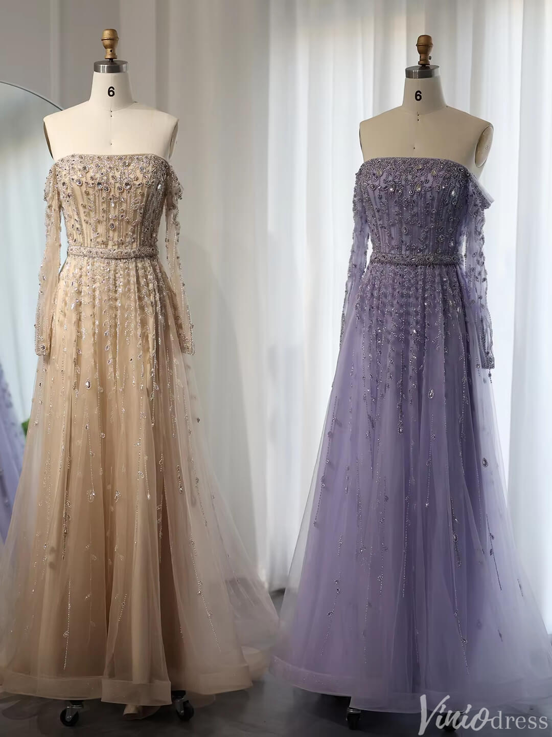 Beaded Wedding Guest Dresses Off the Shoulder Long Sleeve Prom Dress FD1432-Evening Dresses 2025 -Viniodress-Champagne-US 2-