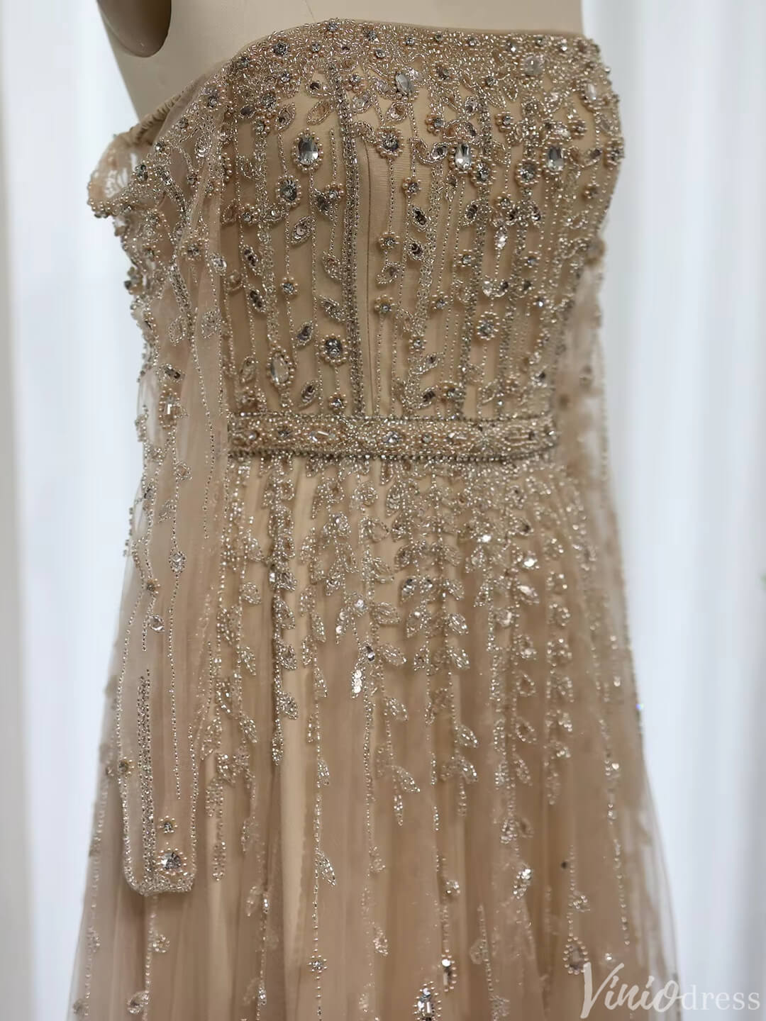 Beaded Wedding Guest Dresses Off the Shoulder Long Sleeve Prom Dress FD1432-Evening Dresses 2025 -Viniodress-Champagne-US 2-