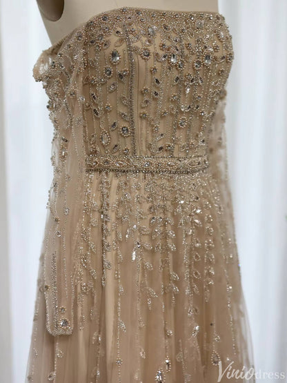 Beaded Wedding Guest Dresses Off the Shoulder Long Sleeve Prom Dress FD1432-Evening Dresses 2025 -Viniodress-Champagne-US 2-