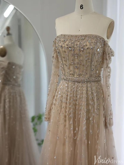 Beaded Wedding Guest Dresses Off the Shoulder Long Sleeve Prom Dress FD1432-Evening Dresses 2025 -Viniodress-Champagne-US 2-