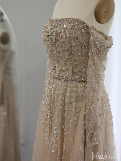 Beaded Wedding Guest Dresses Off the Shoulder Long Sleeve Prom Dress FD1432-Evening Dresses 2025 -Viniodress-Champagne-US 2-