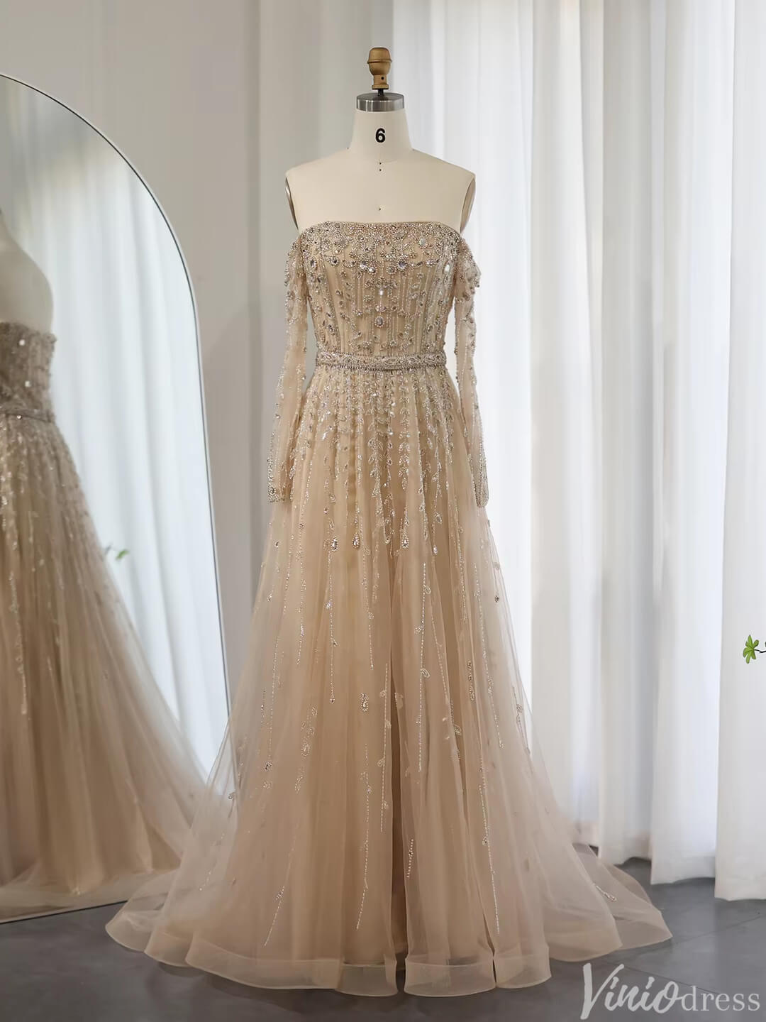 Beaded Wedding Guest Dresses Off the Shoulder Long Sleeve Prom Dress FD1432-Evening Dresses 2025 -Viniodress-Champagne-US 2-