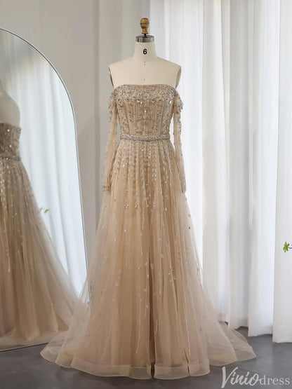 Beaded Wedding Guest Dresses Off the Shoulder Long Sleeve Prom Dress FD1432-Evening Dresses 2025 -Viniodress-Champagne-US 2-