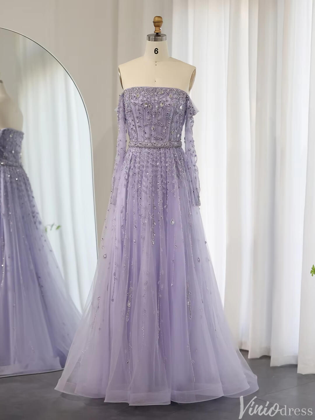 Beaded Wedding Guest Dresses Off the Shoulder Long Sleeve Prom Dress FD1432-Evening Dresses 2025 -Viniodress-Lavender-US 2-