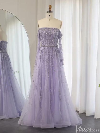 Beaded Wedding Guest Dresses Off the Shoulder Long Sleeve Prom Dress FD1432-Evening Dresses 2025 -Viniodress-Lavender-US 2-
