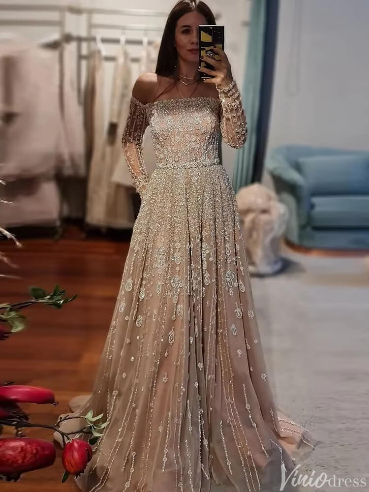 Prom Dress 2025 Beaded Wedding Guest Dresses Off the Shoulder Long Sleeve Prom Dress FD1432-unique prom dresses-Champagne-US 2-Viniodress