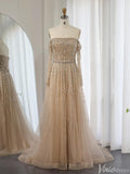 Prom Dress 2025 Beaded Wedding Guest Dresses Off the Shoulder Long Sleeve Prom Dress FD1432-unique prom dresses-Champagne-US 2-Viniodress