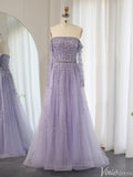 Prom Dress 2025 Beaded Wedding Guest Dresses Off the Shoulder Long Sleeve Prom Dress FD1432-unique prom dresses-Lavender-US 2-Viniodress